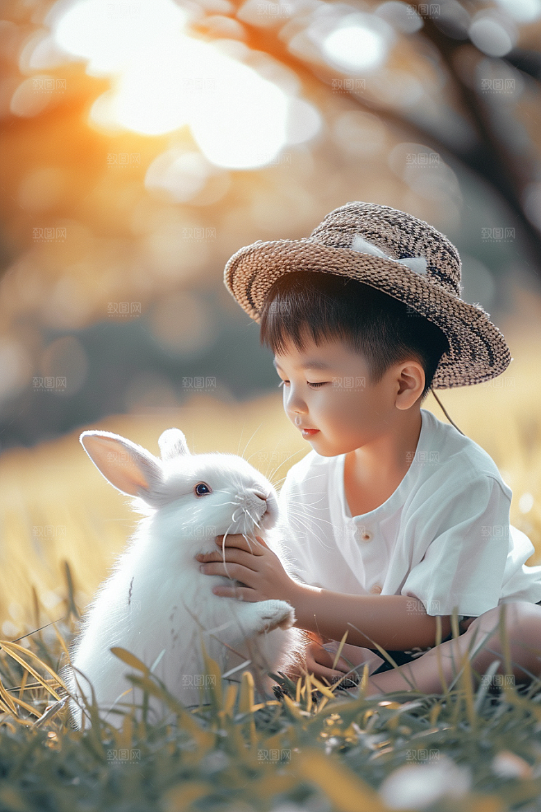 儿童和兔子高清可爱摄影图