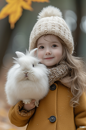 儿童和兔子生活童趣摄影图
