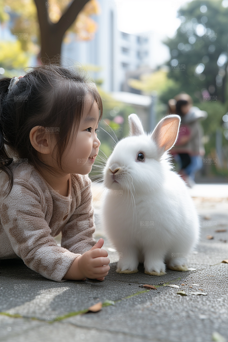 儿童和兔子童趣宠物摄影图