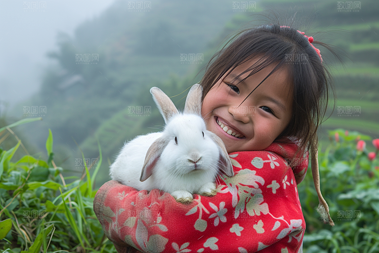 儿童和兔子生活孩子摄影图