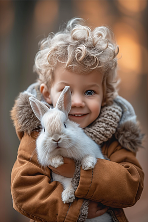 儿童和兔子童趣可爱摄影图