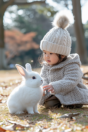 儿童和兔子孩子可爱摄影图