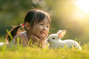 儿童和兔子自然童趣摄影图