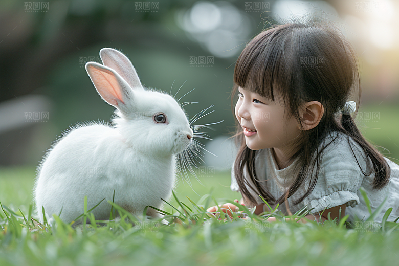 儿童和兔子宠物高清摄影图