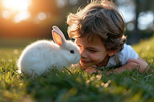儿童和兔子孩子自然摄影图