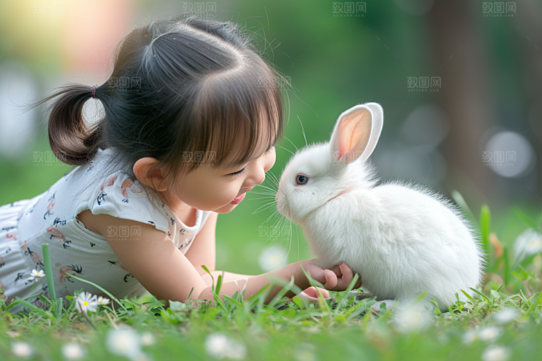 儿童和兔子童趣爱心摄影图