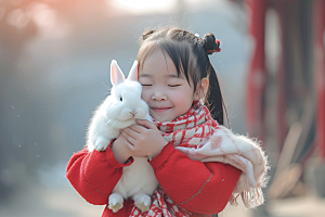 儿童和兔子可爱生活摄影图