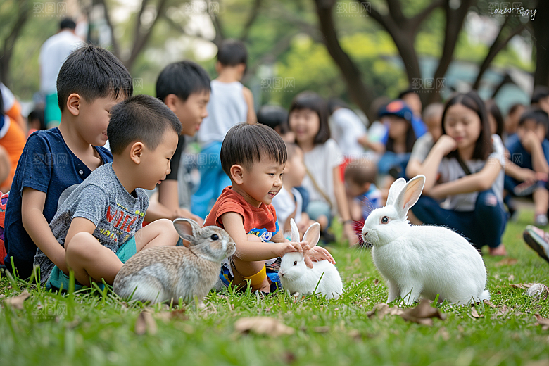 儿童和兔子自然爱心摄影图