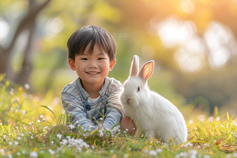 儿童和兔子清新高清摄影图