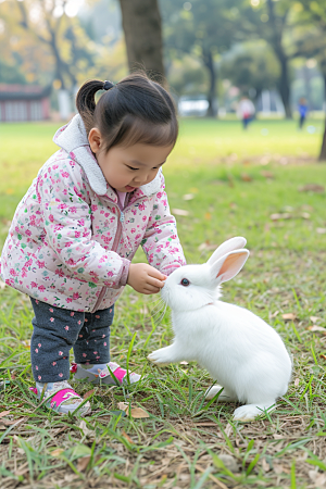 儿童和兔子宠物生活摄影图