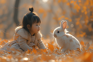 儿童和兔子生活清新摄影图