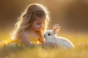 儿童和兔子宠物孩子摄影图