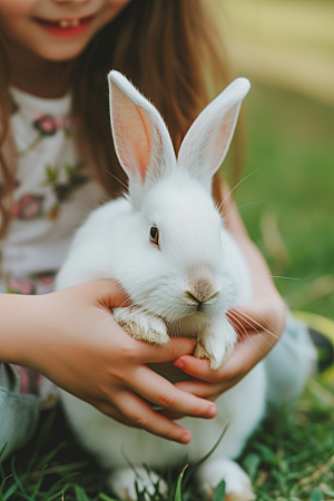 儿童和兔子宠物爱心摄影图