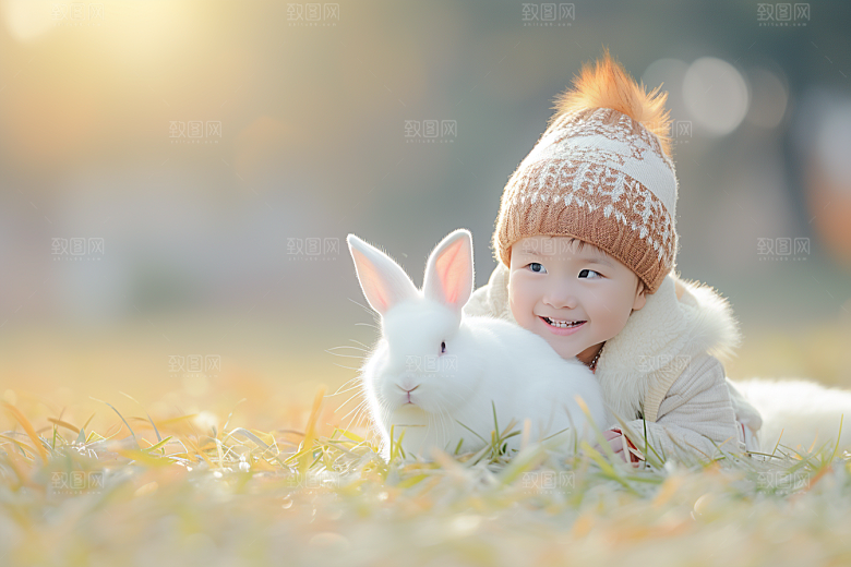 儿童和兔子童趣生活摄影图