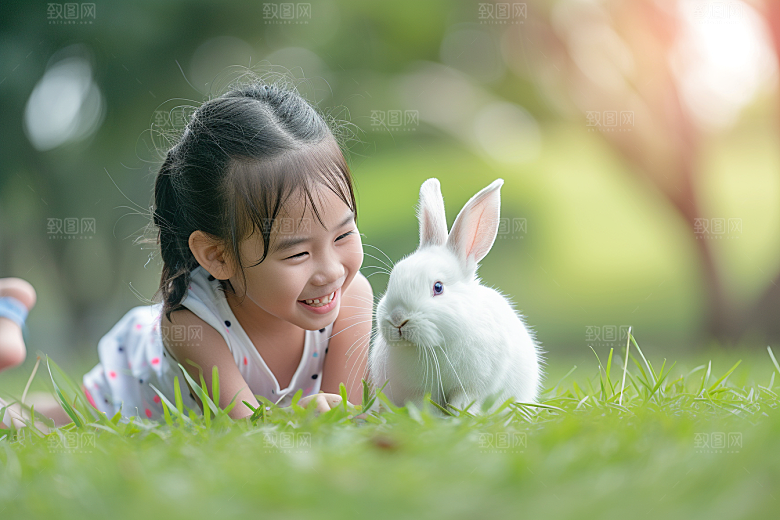 儿童和兔子童趣爱心摄影图