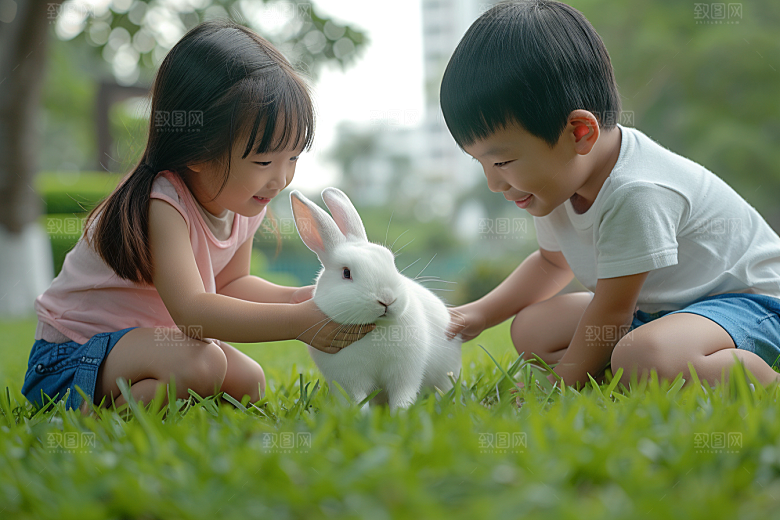 儿童和兔子可爱孩子摄影图