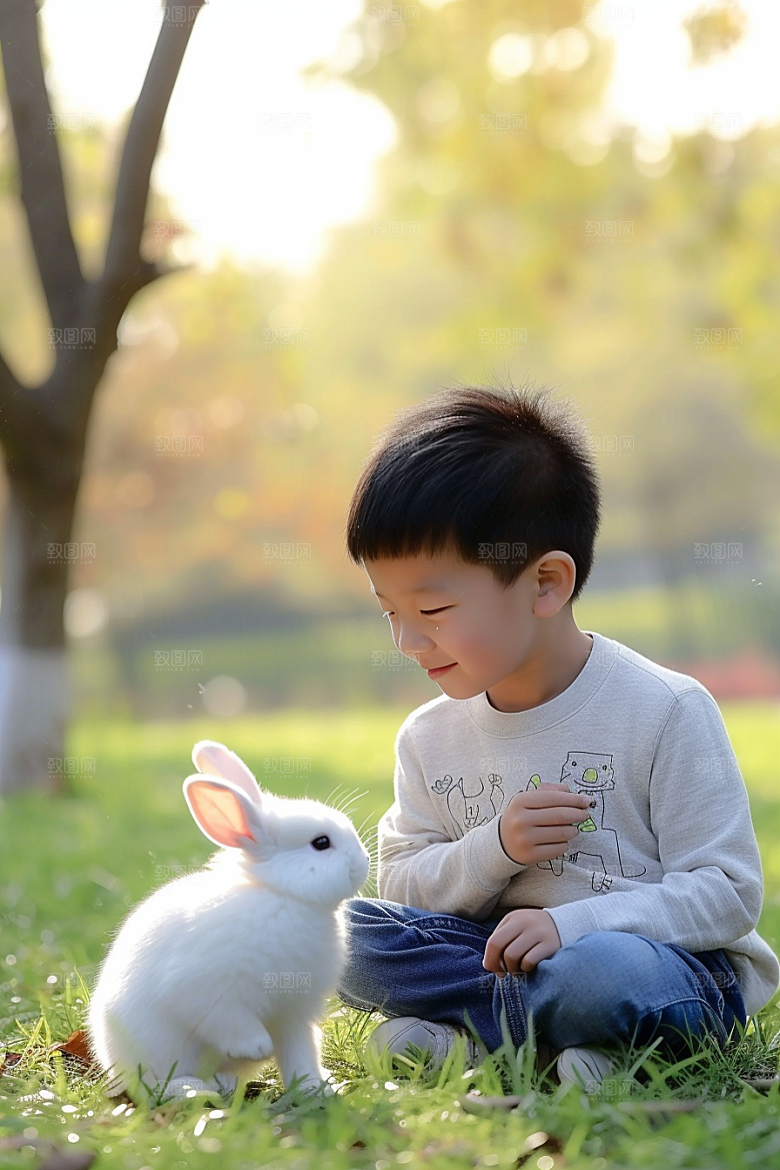 儿童和兔子高清宠物摄影图
