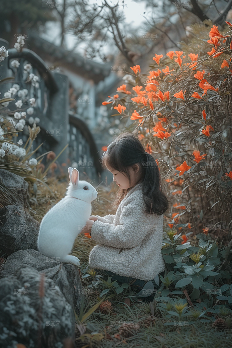 儿童和兔子童趣生活摄影图