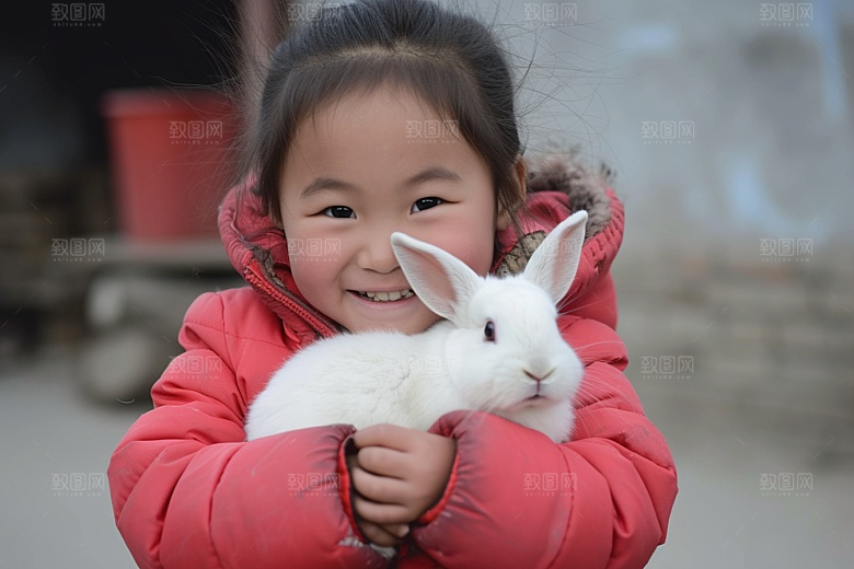 儿童和兔子可爱生活摄影图