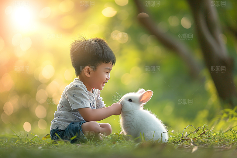 儿童和兔子高清生活摄影图