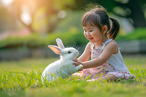 儿童和兔子生活可爱摄影图