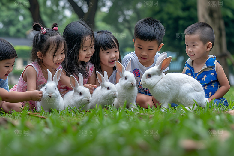 儿童和兔子高清孩子摄影图