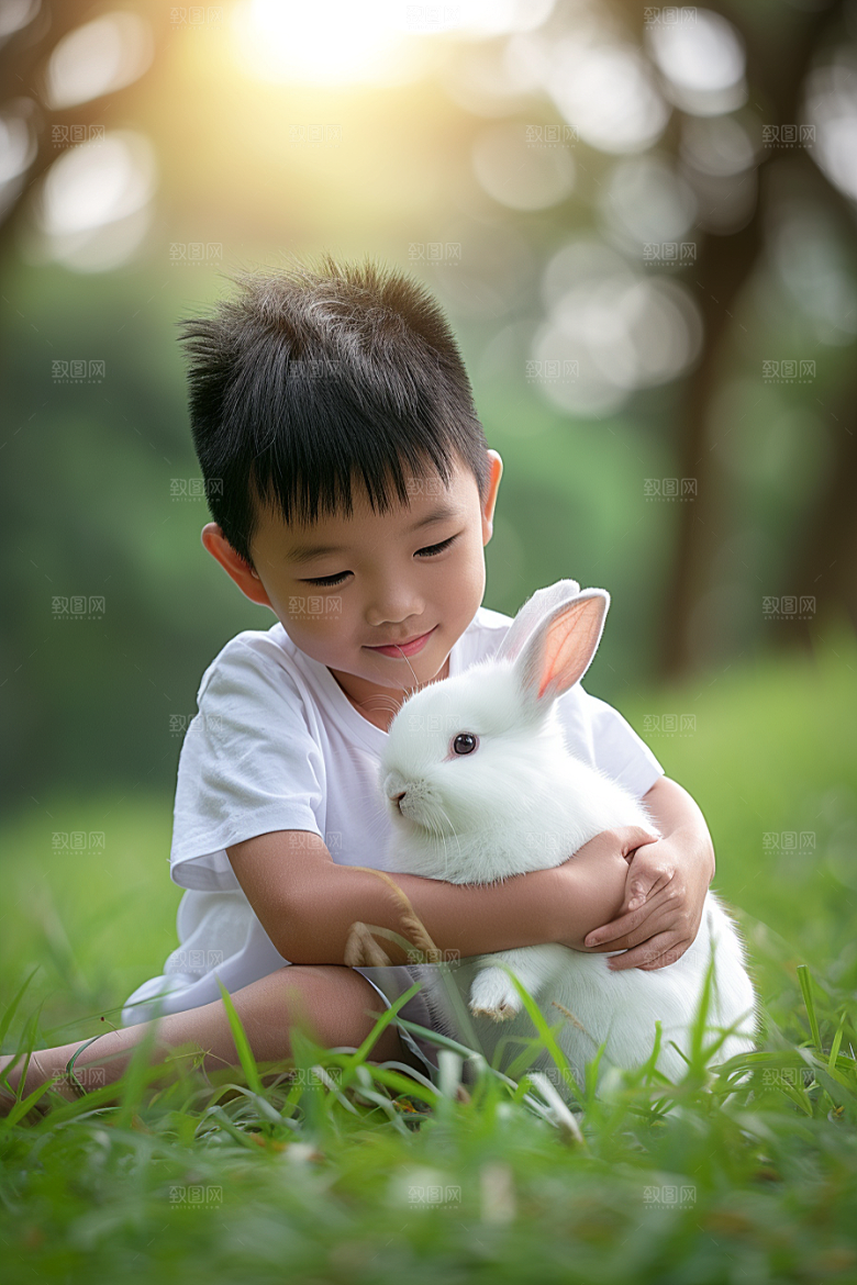 儿童和兔子童趣高清摄影图