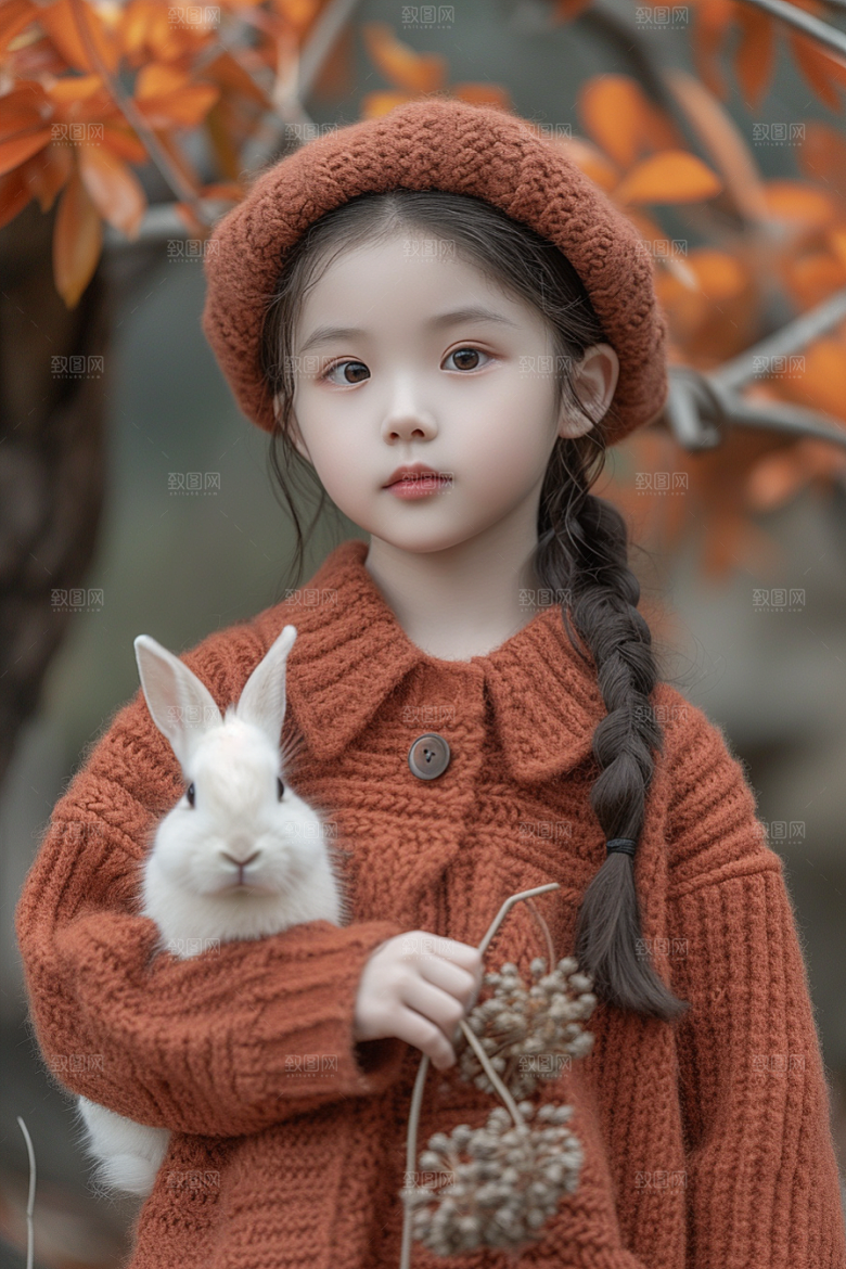 儿童和兔子童趣生活摄影图