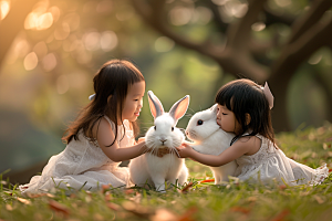 儿童和兔子童趣孩子摄影图