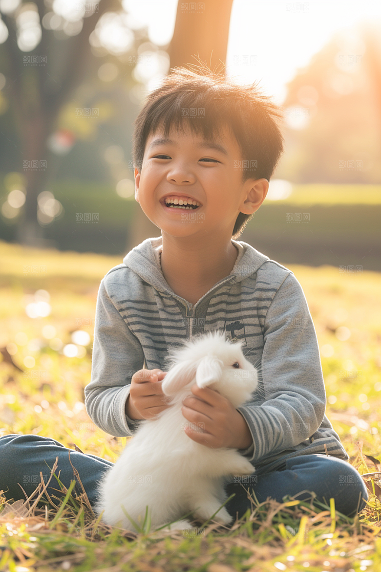 儿童和兔子清新可爱摄影图