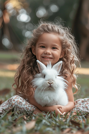 儿童和兔子宠物可爱摄影图
