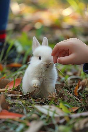 儿童和兔子宠物爱心摄影图