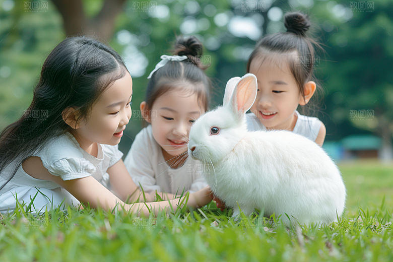 儿童和兔子可爱自然摄影图