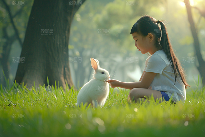 儿童和兔子爱心可爱摄影图