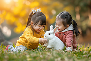 儿童和兔子孩子宠物摄影图