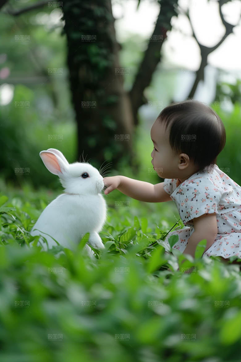儿童和兔子宠物童趣摄影图