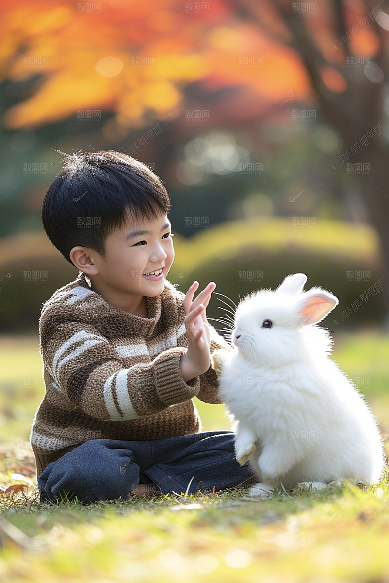 儿童和兔子孩子宠物摄影图