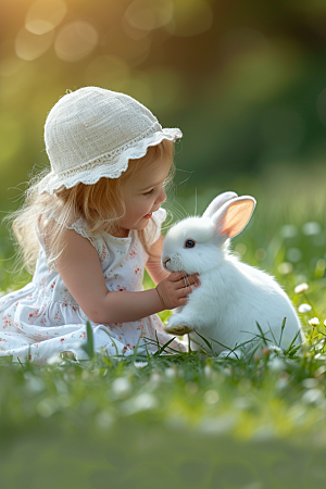 儿童和兔子生活自然摄影图