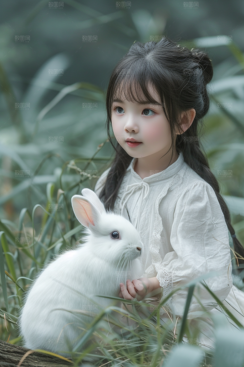 儿童和兔子宠物孩子摄影图