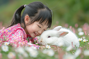 儿童和兔子宠物自然摄影图