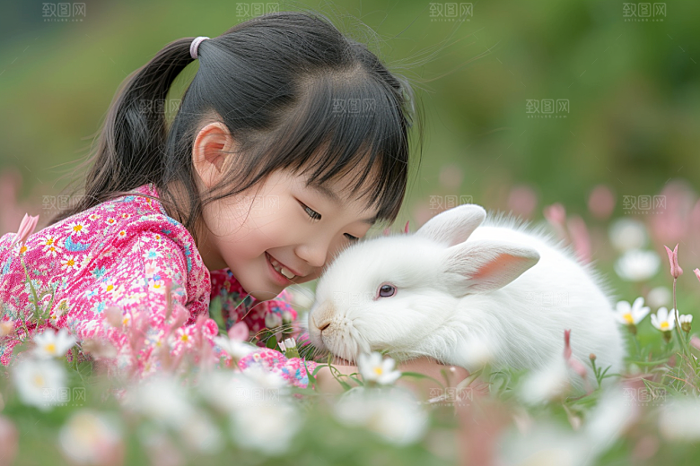 儿童和兔子宠物自然摄影图