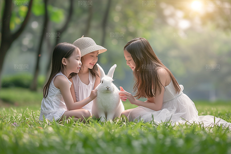 儿童和兔子孩子高清摄影图