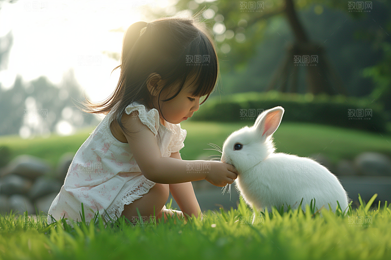 儿童和兔子童趣自然摄影图