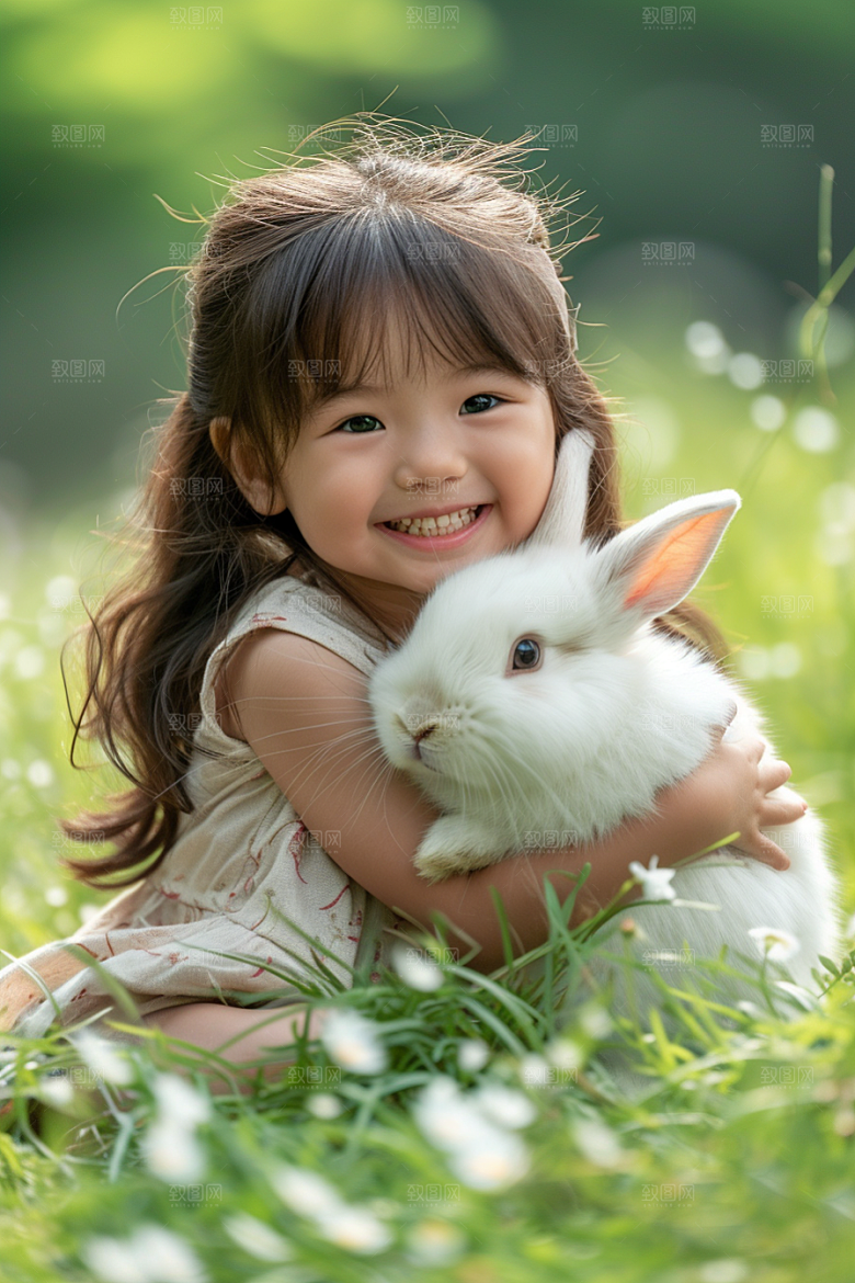 儿童和兔子童趣孩子摄影图