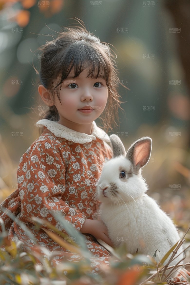 儿童和兔子孩子爱心摄影图