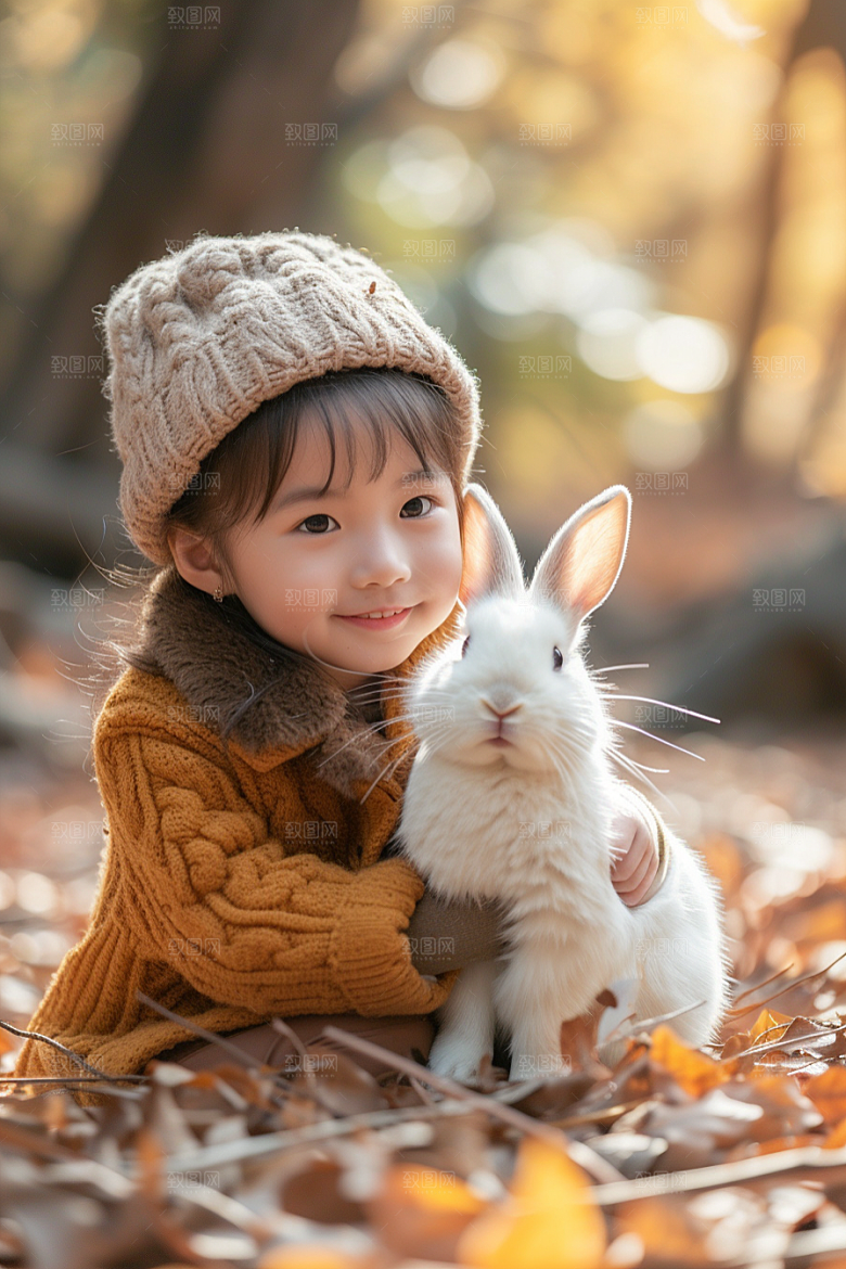 儿童和兔子自然生活摄影图