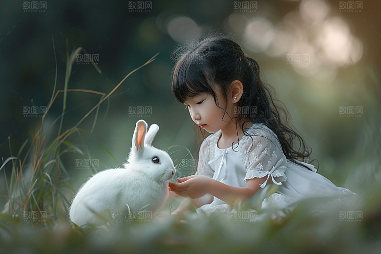 儿童和兔子宠物孩子摄影图