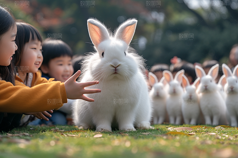 儿童和兔子可爱宠物摄影图