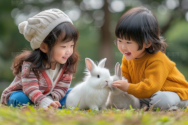儿童和兔子可爱孩子摄影图