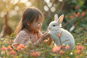 儿童和兔子孩子可爱摄影图